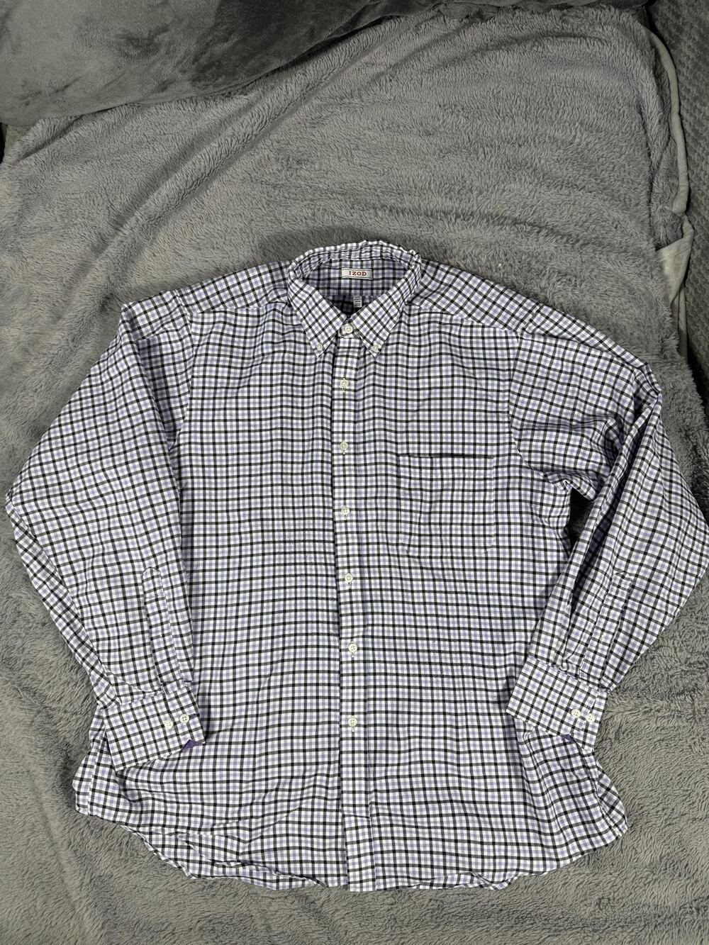 IZOD Dress Shirt Mens 16.5 34/35 Blue Gingham Classic Fit Stretch Woven LS